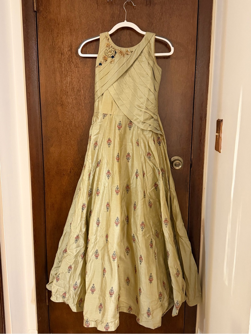 Girls' Olive Green Party Dress with Embroidered Detail